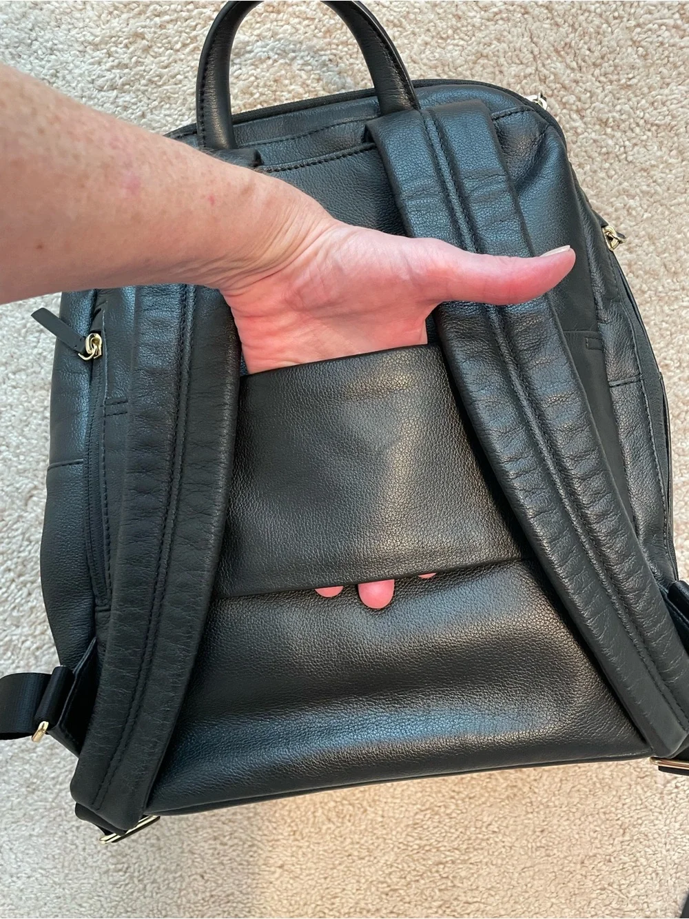 Tumi Black Leather Backpack with Goldtone Hardware